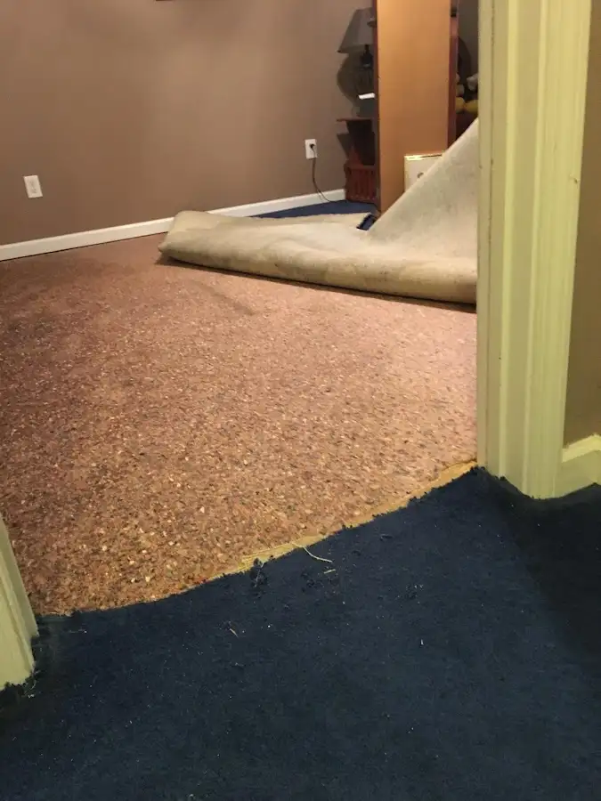 Carpet pad removal revealing water damage during Drying & Dehumidification in Fair Lawn